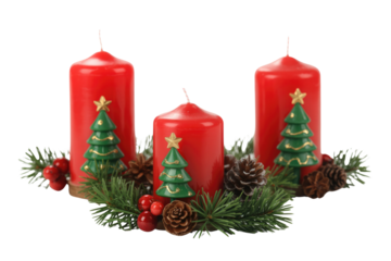 Three vibrant red candles, adorned with miniature Christmas trees, berries, and pinecones, forming a festive holiday arrangement. background removed