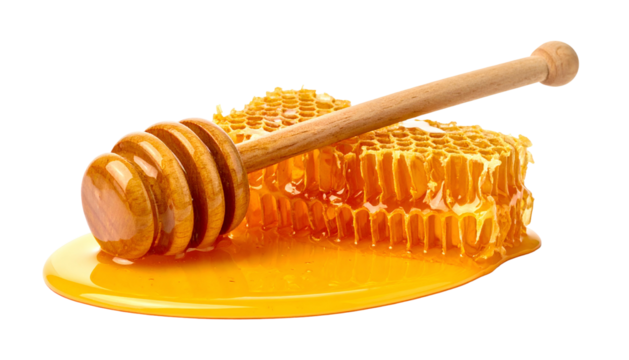 Honey dipper on honeycomb with dripping golden honey against a transparent background