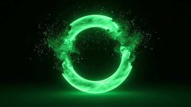 Ethereal green energy ring materializes and then slowly dissolves into particles fluid, digital, fantasy