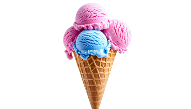 A colorful ice cream cone with three scoops of different colored ice cream