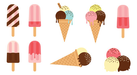 Delicious ice cream treats and frozen popsicles on white background.