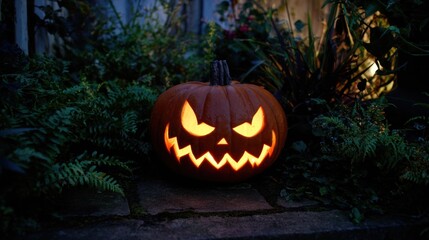 Obraz premium Glowing jack o lantern on transparent background with greenery and shadow