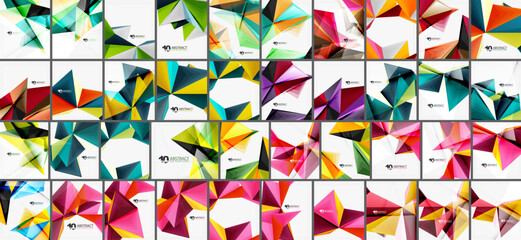 Grid displays colorful abstract geometric designs. Shapes include triangles, polygons, vibrant hues, modern aesthetic.