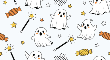 Cute Halloween Ghosts and Candy Pattern on White Background.