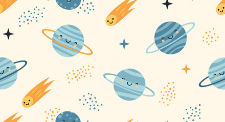 Cute cartoon planets and comets on a light background.