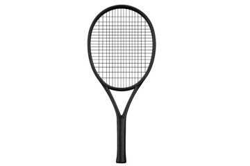 Black tennis racket on a transparent background. Equipment for playing tennis, sports, or fitness activities