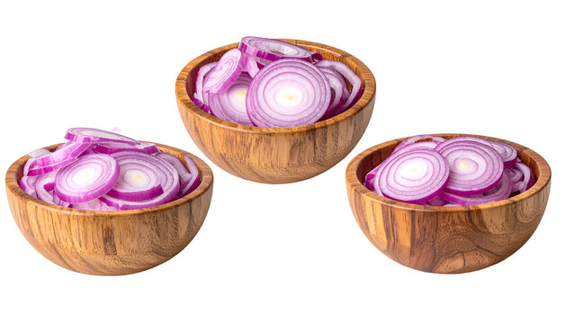 Three wooden bowls, each filled with sliced, vibrant red onions against a stark black background