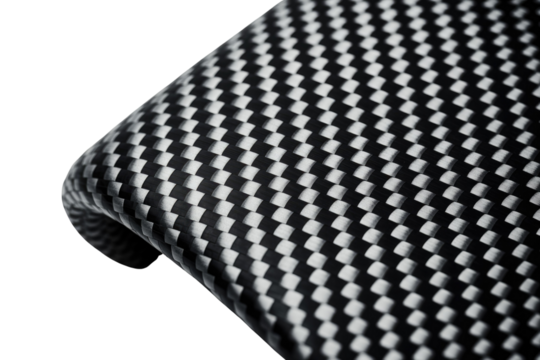 Close-up of a carbon fiber composite material, featuring its distinct black and white woven pattern and subtle texture on a transparent background. background removed
