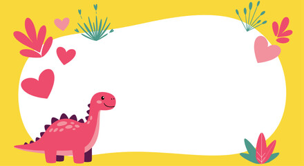Cute pink dinosaur with hearts and plants on yellow background.
