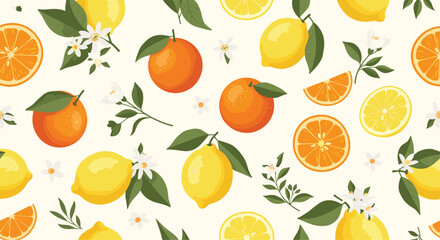 Vibrant Citrus Fruits Pattern - Oranges, Lemons, and Green Leaves.