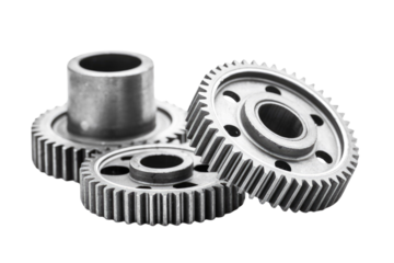 Three metallic gears of various sizes are displayed, highlighting intricate teeth and robust construction against a plain transparent background, symbolizing mechanical precision. background removed