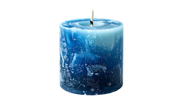A cylindrical candle, blue hues, lit wick, textured wax, on black background