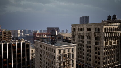 Fototapeta premium Buildings rise high against a moody sky, showcasing the dynamic energy of the city. The scene captures a moment of urban life, with streets filled with potential and stories waiting to unfold.