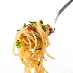 A close up of spaghetti on a fork with herbs and tomatoes against a white background in bright light