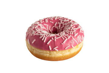 A delicious ring donut with vibrant pink icing and white sprinkles, isolated on a solid transparent background, a perfect sweet treat. background removed