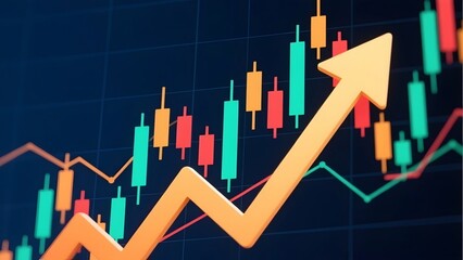 3D illustration showing a chart with a dark background, indicating a significant upward market trend, highlighted by a bold orange arrow pointing upwards.
