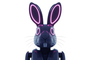 A futuristic robotic rabbit with a dark glossy finish and striking neon pink glowing ears and eyes, representing a modern, tech-inspired avatar. background removed