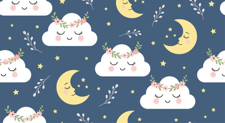 Cute cartoon clouds and moons seamless pattern on dark background.