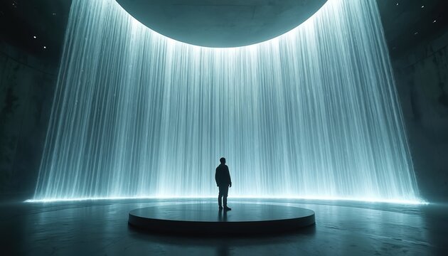 Person stands on circular platform. Man observes large glowing digital waterfall light curtain. Modern tech display creates immersive virtual reality experience. Futuristic abstract interior design