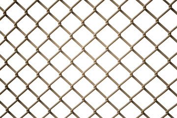 Fototapeta premium A seamless chain-link fence pattern, featuring weathered brown-grey metal wires creating a diamond grid, set against a dark transparent background. background removed