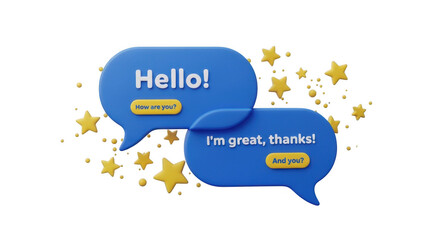 Two blue speech bubbles saying hello and i'm from china surrounded by golden stars