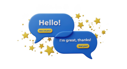 Two blue speech bubbles saying hello and i'm from china surrounded by golden stars