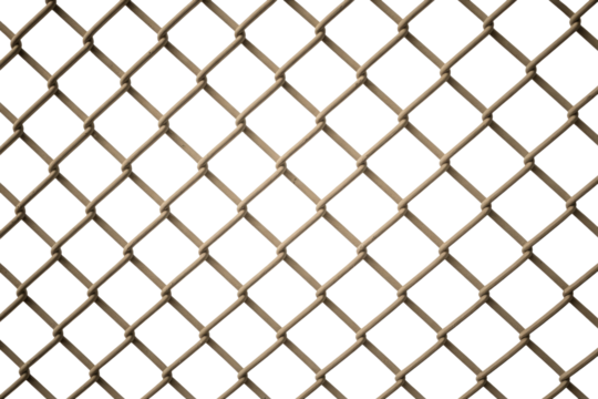 A seamless chain-link fence pattern, featuring weathered brown-grey metal wires creating a diamond grid, set against a dark transparent background. background removed