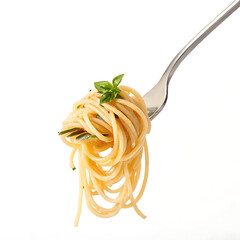 Spaghetti twirled on a fork with a basil leaf on top against a white background in a studio shot