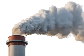 Industrial chimney emitting thick white and grey smoke, symbolizing air pollution, energy production, or factory emissions against a clean background. background removed