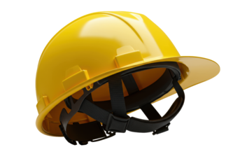 A pristine, vibrant yellow safety hard hat, robust polycarbonate with sharp ventilation and dislodged black internal webbing, on transparent, studio macro shot highlighting durability, advanced