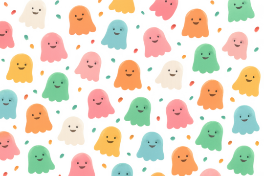 Colorful cute ghost seamless pattern with transparent background