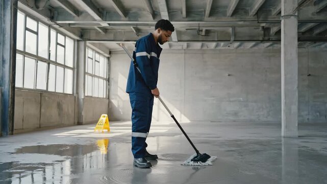 Maintenance Worker Cleaning Wet Floor