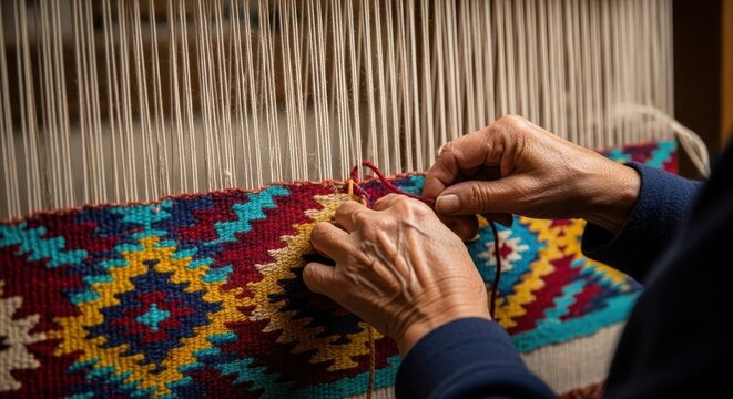 elder woman's hands weaving colorful geometric pattern on traditional loom. warm light on textured wool. heritage, artisan skill, and cultural craft.