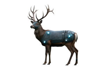 A majestic stag augmented with futuristic dark grey armor and glowing blue lights, wearing a cybernetic muzzle, standing. background removed