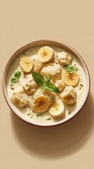 Creamy Mettagee with dumplings, plantains, and coconut milk, dish from Guyana on beige backdrop, food photo, template for social media, digital ads, web banners, mobile wallpaper, greeting card