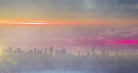 Depicting city skyline silhouette glowing on rooftop with binary overlay, sun flare and lens flares