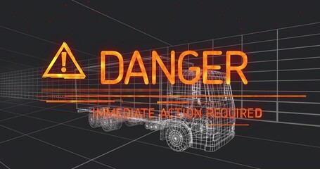 Displaying wireframe semi-truck in 3D grid showing orange danger and immediate action required