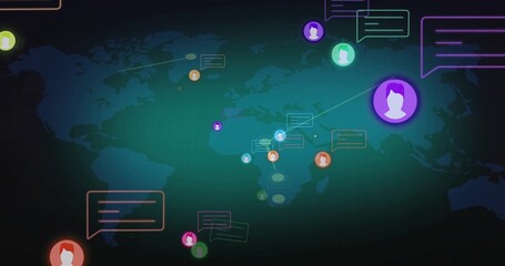 Displaying purple circular avatar icon linking icons with chat bubbles on dark teal map, copy space