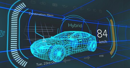 Displaying neon blue wireframe hybrid car on car HUD, with speedometer, distance arc and timestamps