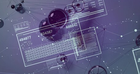 Displaying holographic panels covering purple desk, featuring mug smartphone spheres data panels © vectorfusionart