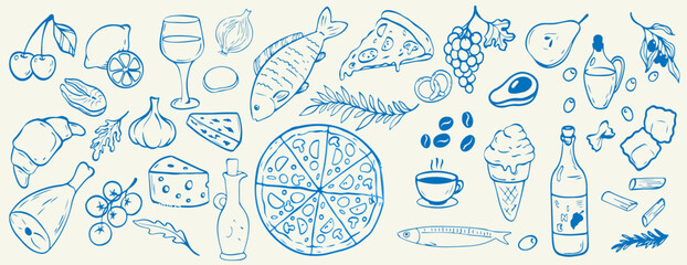 Italian food  Ingredients for restaurant dinner Vector illustration  line art
