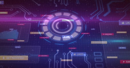 Visualizing central HUD rotating on grid UI, with GET NOTIFIED, SUBSCRIBED tags and thumbs-up icons