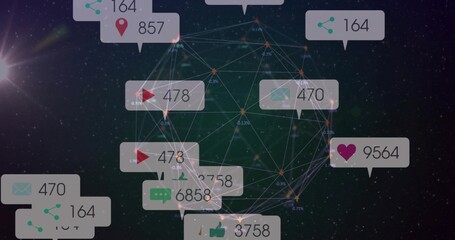 Floating wireframe network sphere rotating in digital cosmos, displaying social media notifications