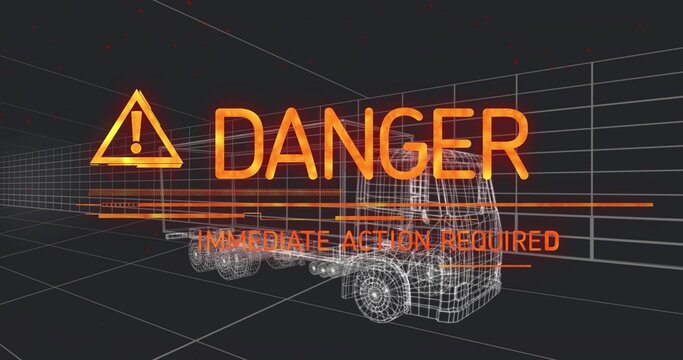 Displaying wireframe semi-truck in 3D grid showing orange danger and immediate action required