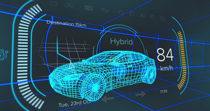 Displaying neon blue wireframe hybrid car on car HUD, with speedometer, distance arc and timestamps