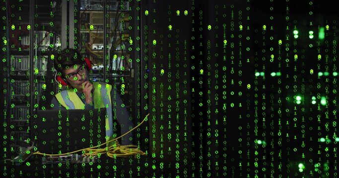 Using laptop with cables in server room under green overlay wearing vest and protectors, copy space