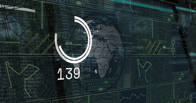 Showing progress indicator encircling 3D globe showing numeric readout in console with data panels