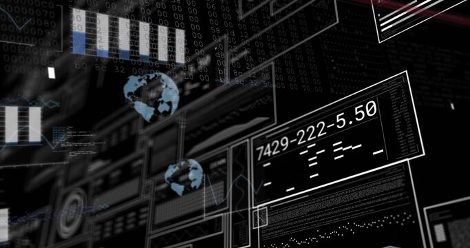 Displaying layered panels scrolling binary digits and rotating globe icons in dashboard, chart data