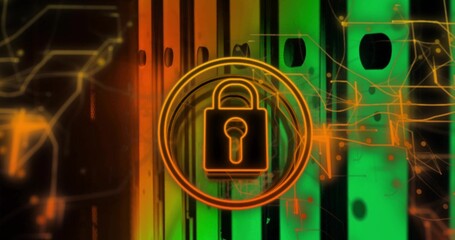 Pulsing digital padlock icon glowing over data center server racks, with neon circuit lines