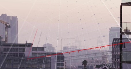 Displaying city skyline from rooftop vantage with cranes, palm tree and red diagonal data overlay